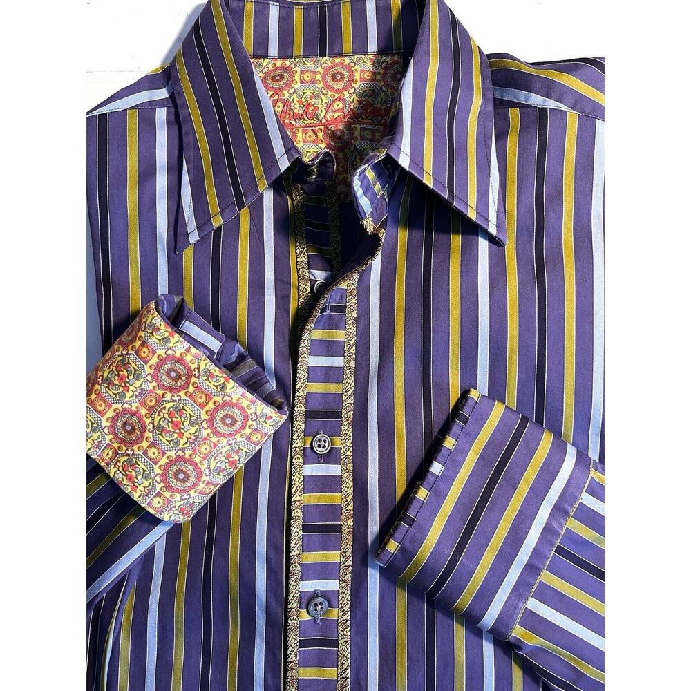 ROBERT GRAHAM PURPLE BLUE GREEN STRIPED SHIRT FLORAL FLIP CUFF SZ L